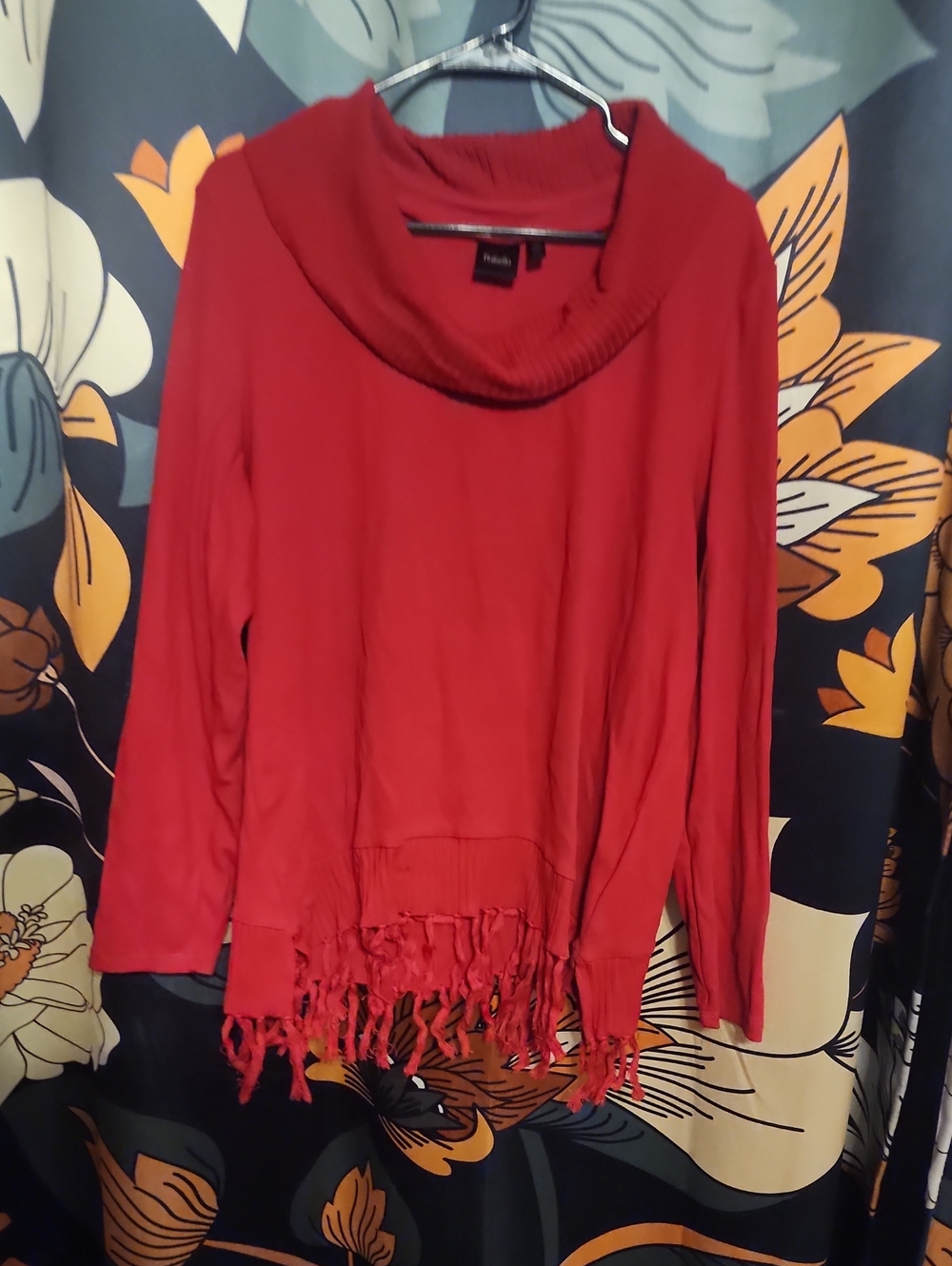 Rafaella Red Cowl Neck Fringe Sweater